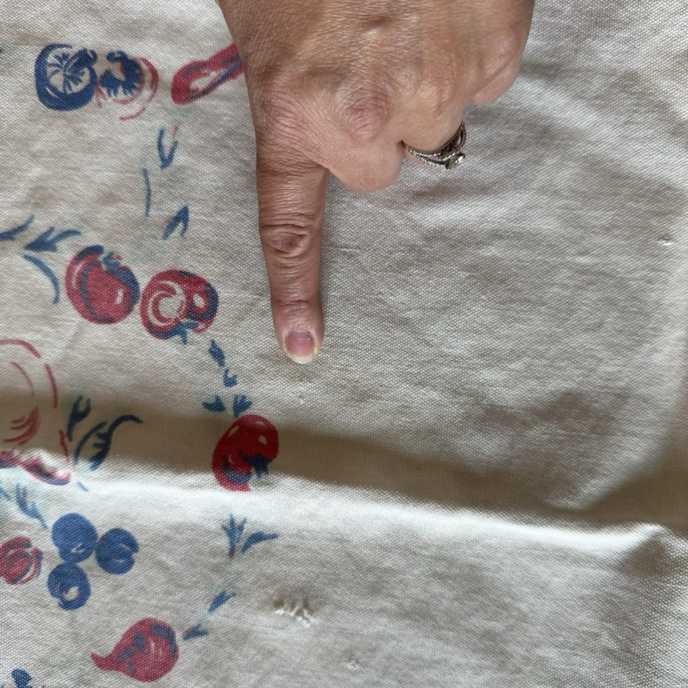 VTG Fruit Basket Tablecloth 1950's Blue Red Cotton 44x39 Square - Picture 8 of 10
